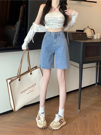 Къси панталони с висока талия Дамски летни джобове с дължина до коляното Ежедневни плътни изчистени уличен стил в корейски стил Ученически панталони Универсална мода