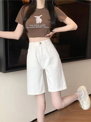 Къси панталони с висока талия Дамски летни джобове с дължина до коляното Ежедневни плътни изчистени уличен стил в корейски стил Ученически панталони Универсална мода
