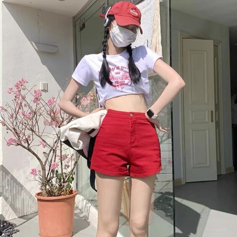 Piros farmer rövidnadrág Női Nyári Szabadidő Egyszerű, magas derekú, dögös, édes Ulzzang Diákok Harajuku Y2k Koreai Stílus Teljes divat