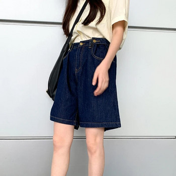 Дънкови къси панталони Дамски прави свободни стрийт облекла с висока талия Ежедневни спретнати стилове Едноцветни универсални винтидж дамски корейска мода за тийнейджъри