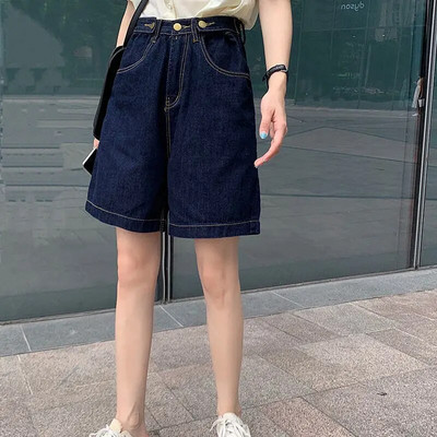 Női farmer rövidnadrágok, magas derekú, egyenes, laza utcai viselet, alkalmi preppy stílus, masszív, szokványos vintage női koreai divat tinik