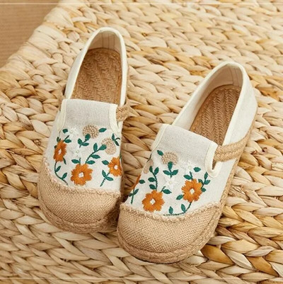 New Women Patchwork Canvas Linen Loafers Handmade Ladies Casual Slip on Sneakers Embroidered Flat Espadrilles Hemp Shoes