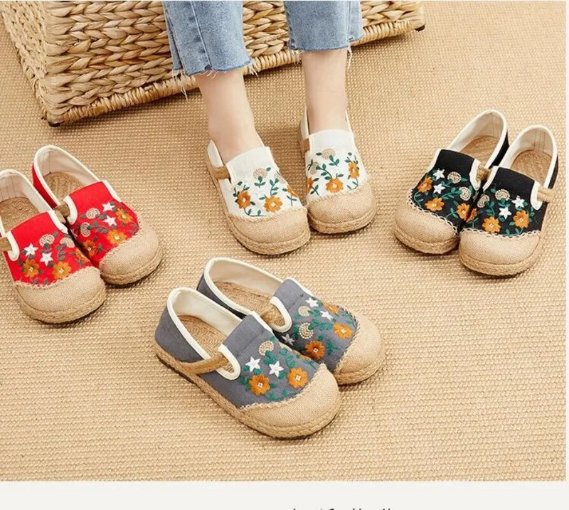 Nove ženske mokasine od patchwork platna od lana Ručno izrađene ženske ležerne tenisice s izvezenim ravnim espadrilama Cipele od konoplje