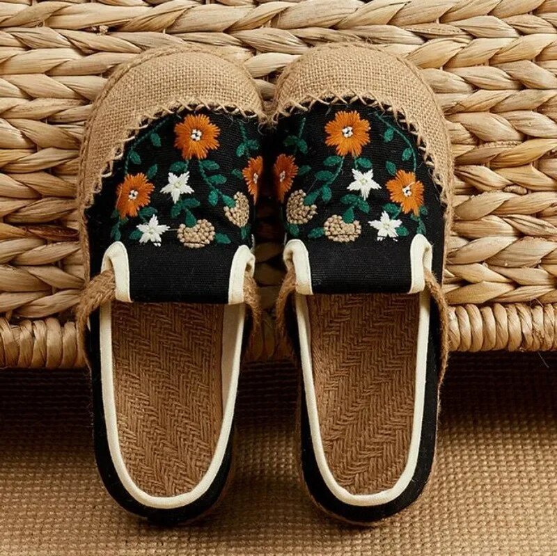 Nove ženske mokasine od patchwork platna od lana Ručno izrađene ženske ležerne tenisice s izvezenim ravnim espadrilama Cipele od konoplje