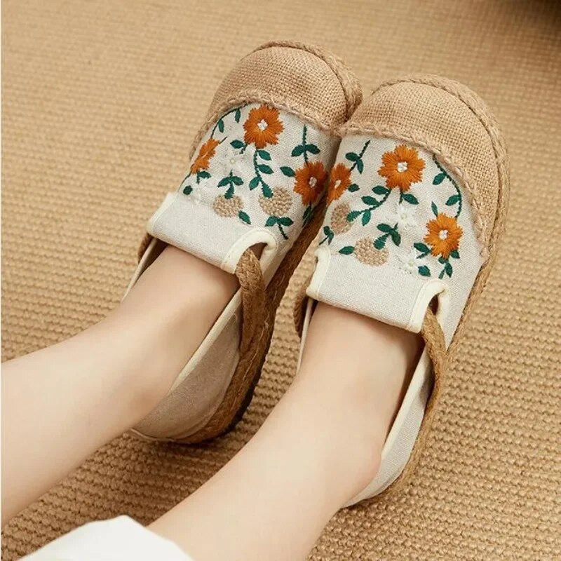 Nove ženske mokasine od patchwork platna od lana Ručno izrađene ženske ležerne tenisice s izvezenim ravnim espadrilama Cipele od konoplje