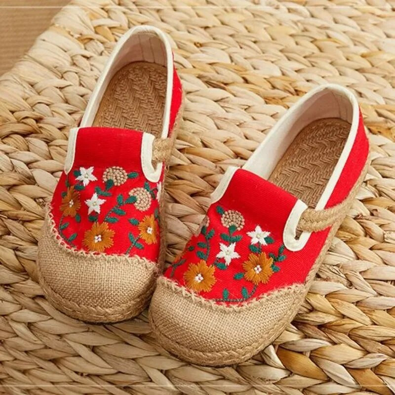 Nove ženske mokasine od patchwork platna od lana Ručno izrađene ženske ležerne tenisice s izvezenim ravnim espadrilama Cipele od konoplje