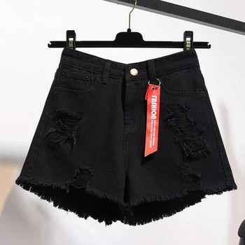Zoki Големи размери Скъсани дънкови дамски шорти Летни пискюли с висока талия Черни разкъсани дънки Корейска мода Улично облекло от чист памук