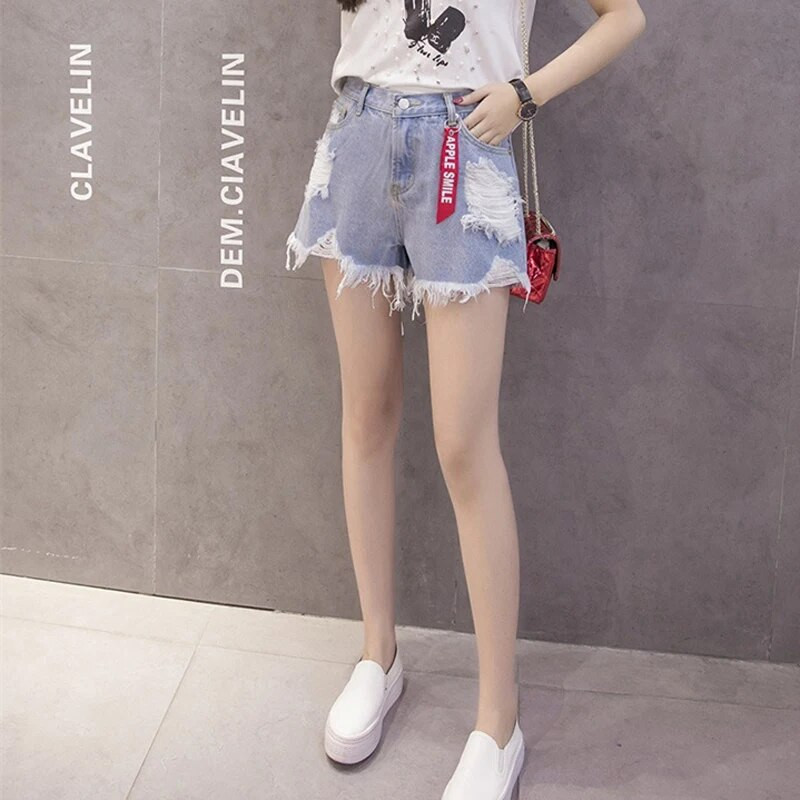 Zoki Large Size Ripped Denim Ženske kratke hlače Ljetne crne traperice s kićankama visokog struka Korejska modna ulična odjeća od čistog pamuka