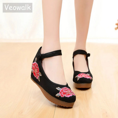 Veowalk Women Canvas Old Beijing Embroidered Platform Shoes Comfort Vintage Ladies Casual Ankle Strap Cotton Embroidery  Sneaker