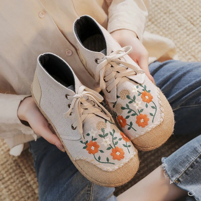New Embroidered Linen Casual Shoes Simple Versatile Mid-Top Booties Fashion Lace-Up Craft Cloth Shoes Womens Shoes