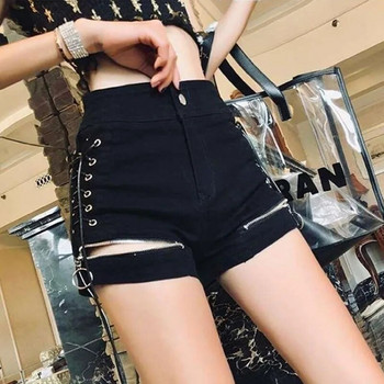 Секси кльощави дънкови къси панталони за жени Лято 2023 Корейски черни къси панталони с висока талия и връзки с цип Дамски широки панталони Harajuku Club