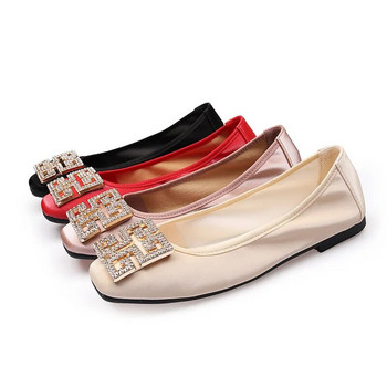 Балетни обувки със стрази и катарама Балетни обувки Дамски приплъзващи се мокасини с плитка уста Елегантни дамски мокасини Парти кожени балерини