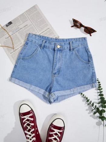 Нови летни дамски къси панталони с висока талия и копчета за 2023 г. Ежедневни дамски модни сини дънкови шорти