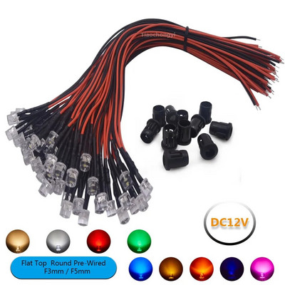 10-50vnt 3mm 5mm plokščias viršus LED Iš anksto prijungtas vandens skaidrus DC12V Raudona Žalia Mėlyna balta RGB UV šviesos diodas su plastikiniu laikikliu