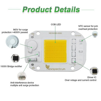 Без водач 220v 230v 240v топла бяла DOB AC COB модул LED чип 50W лампа мъниста пълен спектър светлина за отглеждане на растения прожектор