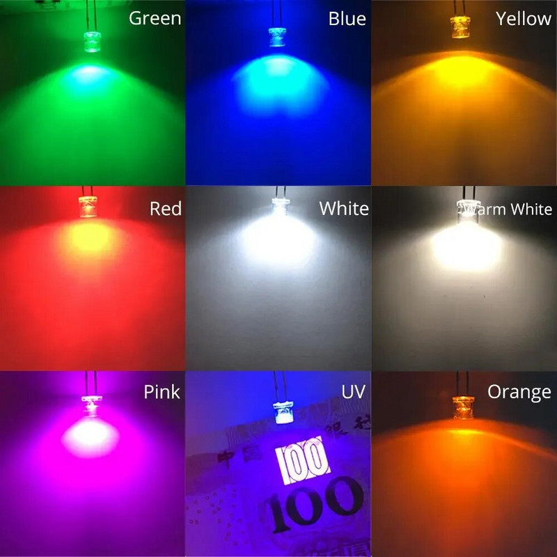 100 buc Min F5 5 mm Flat Top Alb Roșu Roz Galben Albastru Diodă de lumină cu unghi larg Apă Clear LED Bead Ultra Bright Bec Emitting Lamp