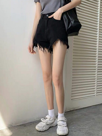 Ψηλόμεσο τζιν σορτς Γυναικείο καλοκαιρινό τζιν με φούντα με τρύπα τζιν Κοντό γυναικείο κοντό παντελόνι