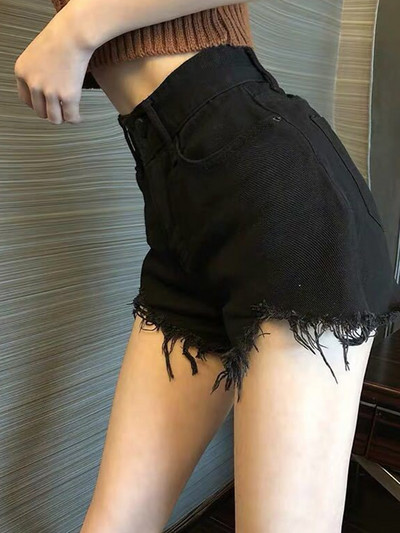 Дънкови шорти с висока талия Дамски летни скъсани дънки с джоб с пискюли Къси женски къси панталони Femme