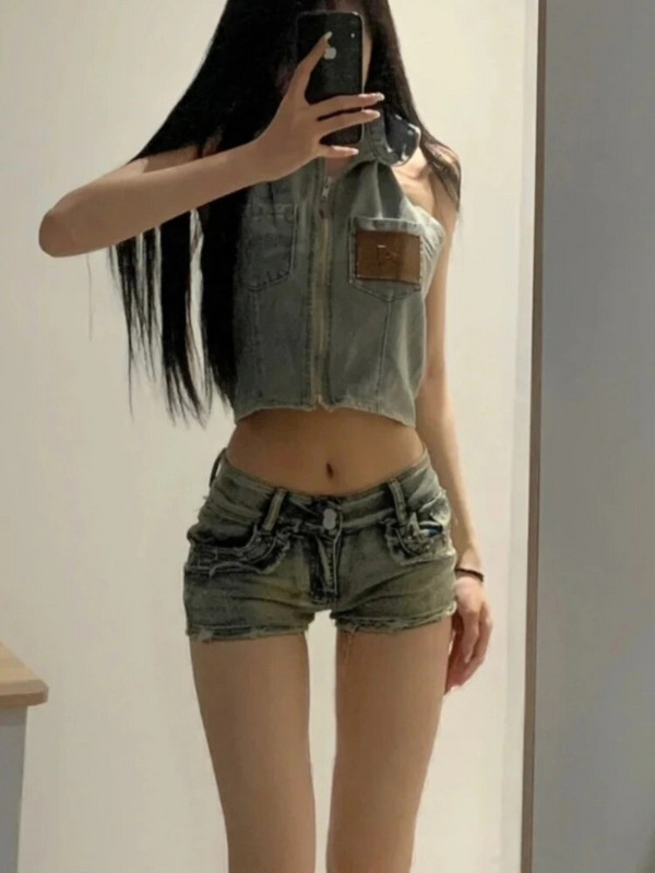 Γυναικεία σορτς με πριτσίνια αμερικάνικου στιλ Hot streetwear Νέα μόδα ρετρό λεπτή χαμηλομέση Κορίτσια Σέξι απλό, ασπρόμαυρο, παντός τύπου, μασίφ καλοκαιρινό Y2k