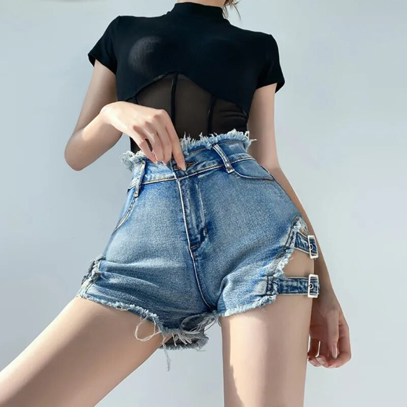 Nyári rövidnadrágok Női farmer Szexi mini magas derekú szőrmével bélelt amerikai retro szakadt vintage hollow Out éjszakai klub Dögös-édes lányok