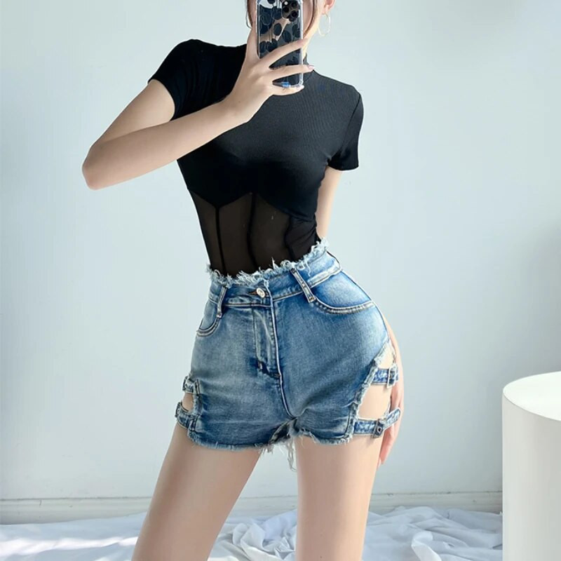 Nyári rövidnadrágok Női farmer Szexi mini magas derekú szőrmével bélelt amerikai retro szakadt vintage hollow Out éjszakai klub Dögös-édes lányok