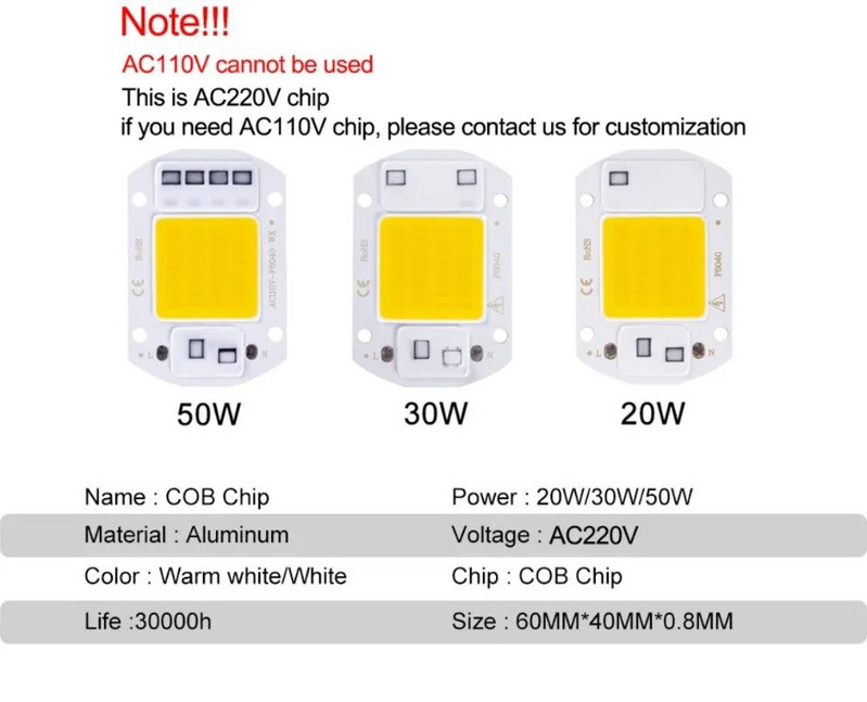 10W 20W 30W 50W LED COB lampa Bead AC 220V 240V IP65 Smart IC Nema potrebe za upravljačkim programom DIY reflektor Led žarulja Reflektor Vanjska čip lampa