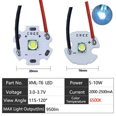 LED 10W nagy teljesítményű XML T6 XML2 XM-L2 5050 gyöngy diódák 3V 3,7V kábel vezetékkel zseblámpákhoz Alkatrészek Kerékpár Autótartozékok Fej