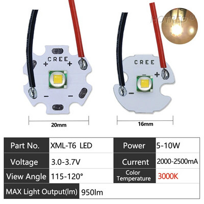 LED 10W nagy teljesítményű XML T6 XML2 XM-L2 5050 gyöngy diódák 3V 3,7V kábel vezetékkel zseblámpákhoz Alkatrészek Kerékpár Autótartozékok Fej
