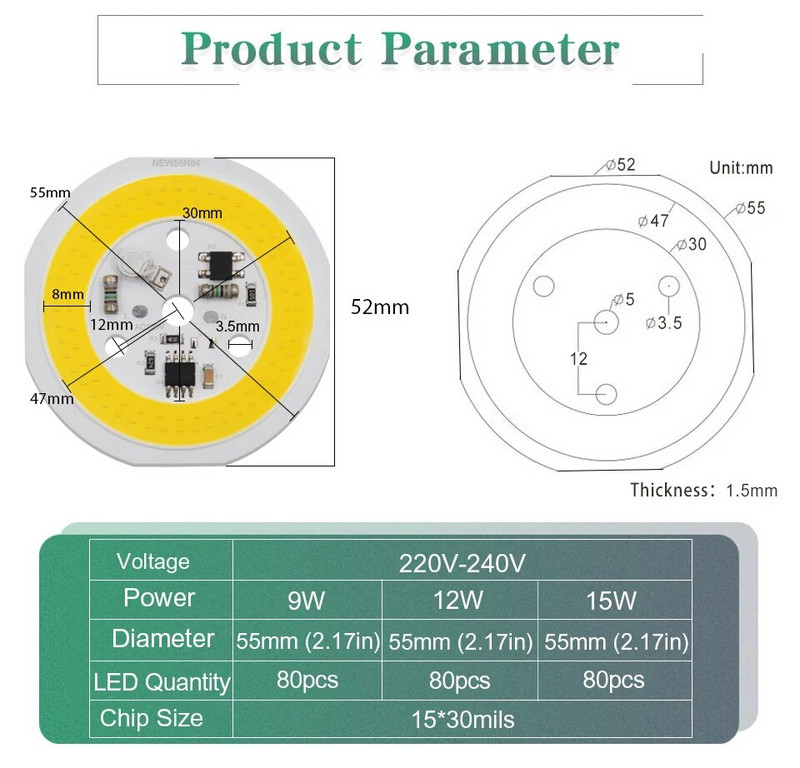 DOB LED čip Nema potrebe za pokretačkim programom COB AC 220V 9W 12W 15W Visoka svjetlina Ušteda energije za DIY reflektore Čipovi reflektora