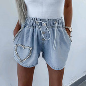 Nyári női kerékpáros rövidnadrág szabadidő nehéz munkák gyémánt köröm Bad Bulbans Harisnya Towder farmer rövidnadrág magas derékú rövid