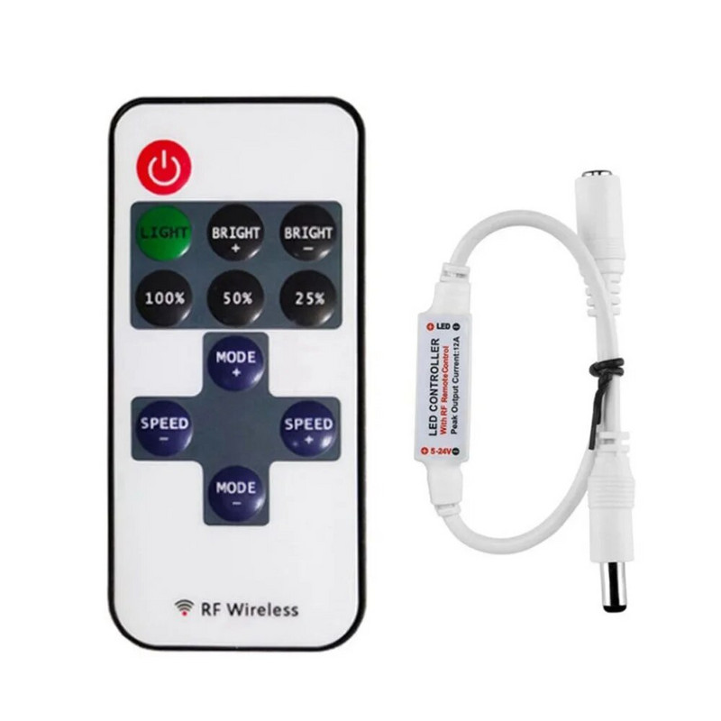 Mini 11 Keys RF juhtmevaba LED-kaugjuhtimispult LED-dimmeri kontroller ühevärvilise valgusriba jaoks SMD5050/3528/5730/3014 DC5-24V