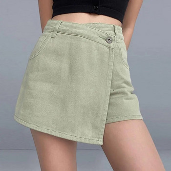 Мини дънкови къси панталони с пола Дамски фалшиви къси панталони от две части с висока талия Tummy Control Slim Vintage Летни асиметрични студентски шорти