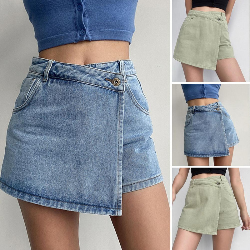 Mini farmer szoknya rövidnadrágok női A-vonalú hamis kétrészes magas derekú haskontroll vékony vintage nyári aszimmetrikus diák rövidnadrágok