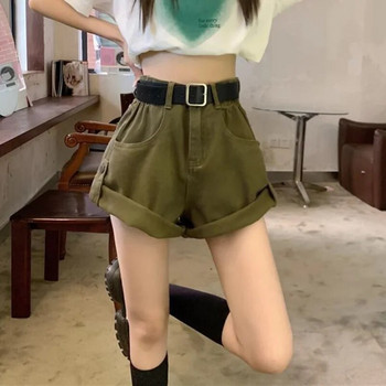 Дънкови шорти Дамски летни едноцветни къси панталони с висока талия Hotsweet Свободни ежедневни навити ръбове Корейски стил Chic Streetwear Ins Popular