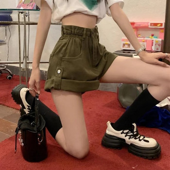 Дънкови шорти Дамски летни едноцветни къси панталони с висока талия Hotsweet Свободни ежедневни навити ръбове Корейски стил Chic Streetwear Ins Popular