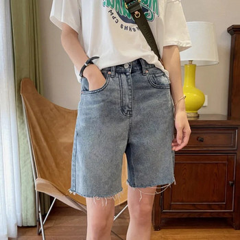 2024 Летни дамски широки дънкови шорти с висока талия и къси панталони с копчета Ежедневни женски модни улични едноцветни прави дънки