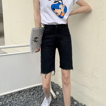 2024 Летни дамски широки дънкови шорти с висока талия и къси панталони с копчета Ежедневни женски модни улични едноцветни прави дънки