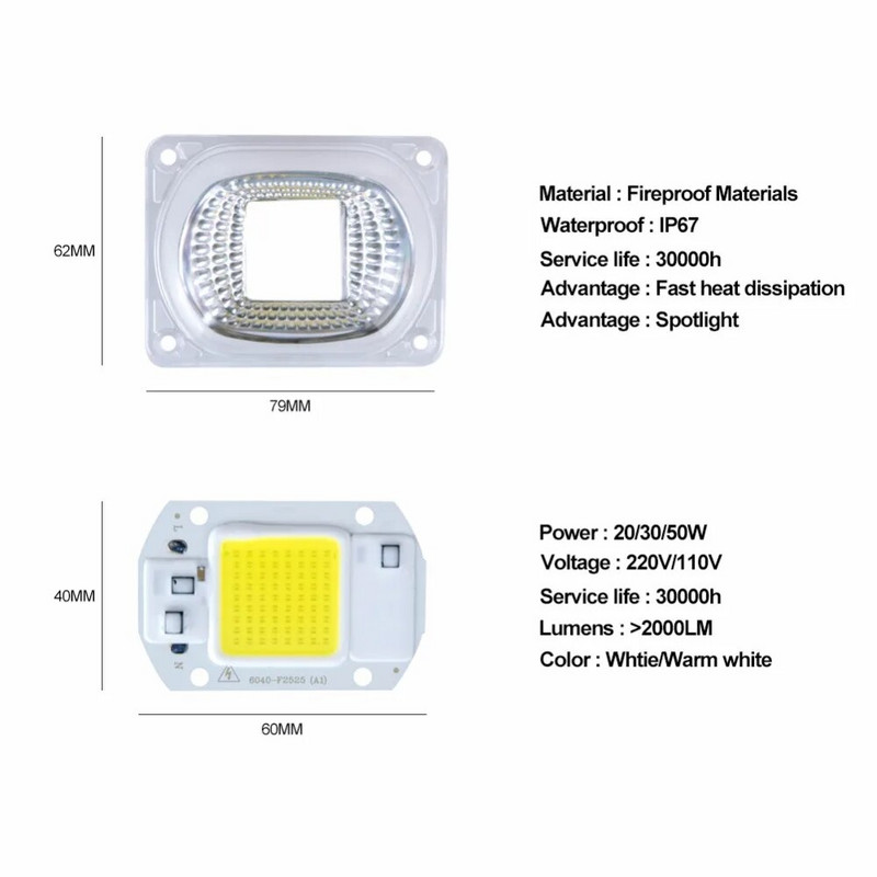 20 W 30 W 50 W COB LED fénymátrix lencse reflektorral 110 V 220 V intelligens IC nagy teljesítményű diódasor chip lámpa barkács reflektor