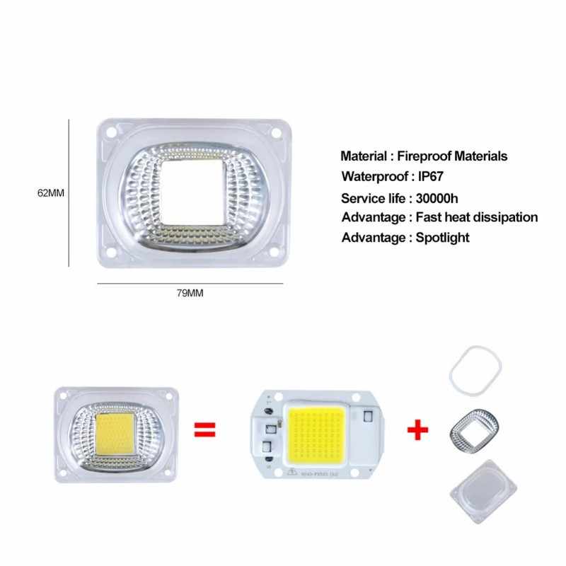20 W 30 W 50 W COB LED fénymátrix lencse reflektorral 110 V 220 V intelligens IC nagy teljesítményű diódasor chip lámpa barkács reflektor
