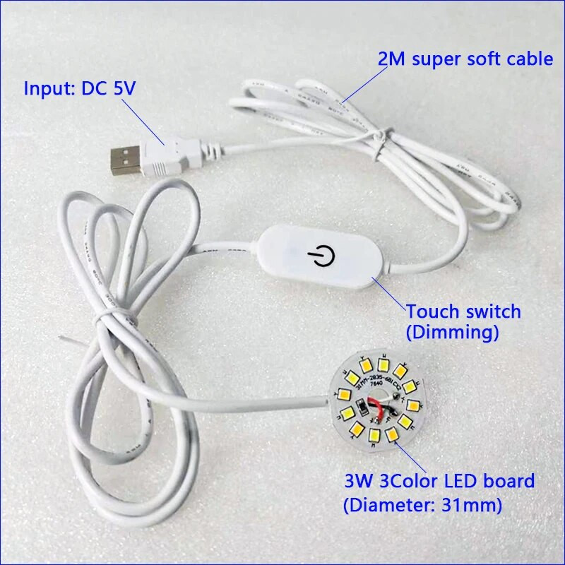 1 db DC 5V LED lámpák Online érintőkapcsolós fényerőszabályzó 2 méteres vonallal 3 W 3 színben, 32 mm-es fénytábla.