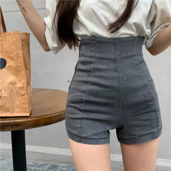 Къси панталони с висока талия със страничен цип Дамски едноцветни дънкови къси панталони Дамски корейски модни нови улични тесни еластични панталони K366