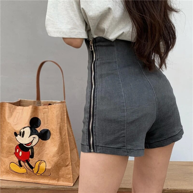 Šoriniai šortai su užtrauktuku aukštu juosmeniu Moteriškos vientisos spalvos džinsinės trumpos kelnės Moteriškos korėjietiškos mados Nauja gatvės apranga Skinny Stretch Kelnės K366