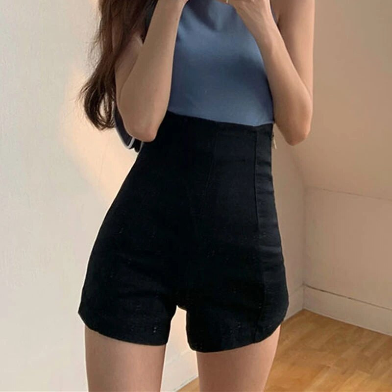 Šoriniai šortai su užtrauktuku aukštu juosmeniu Moteriškos vientisos spalvos džinsinės trumpos kelnės Moteriškos korėjietiškos mados Nauja gatvės apranga Skinny Stretch Kelnės K366