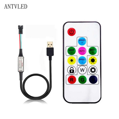 USB/DC MINI 3Keys RF 14/17/21Keys LED juostos nuotolinio valdymo pultelis, skirtas WS2811 WS2812B SK6812 Led Pixels Strip Light Controller, DC5-24