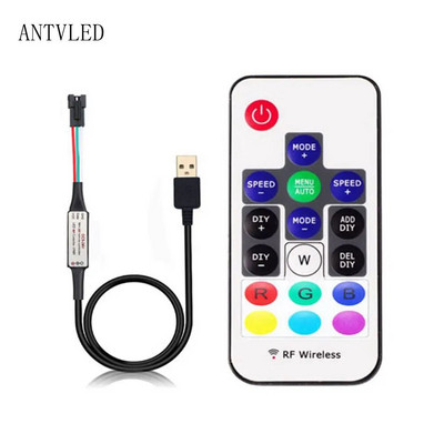 USB/DC MINI 3Keys RF 14/17/21Keys LED juostos nuotolinio valdymo pultelis, skirtas WS2811 WS2812B SK6812 Led Pixels Strip Light Controller, DC5-24