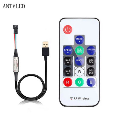 USB/DC MINI 3Keys RF 14/17/21Keys LED juostos nuotolinio valdymo pultelis, skirtas WS2811 WS2812B SK6812 Led Pixels Strip Light Controller, DC5-24