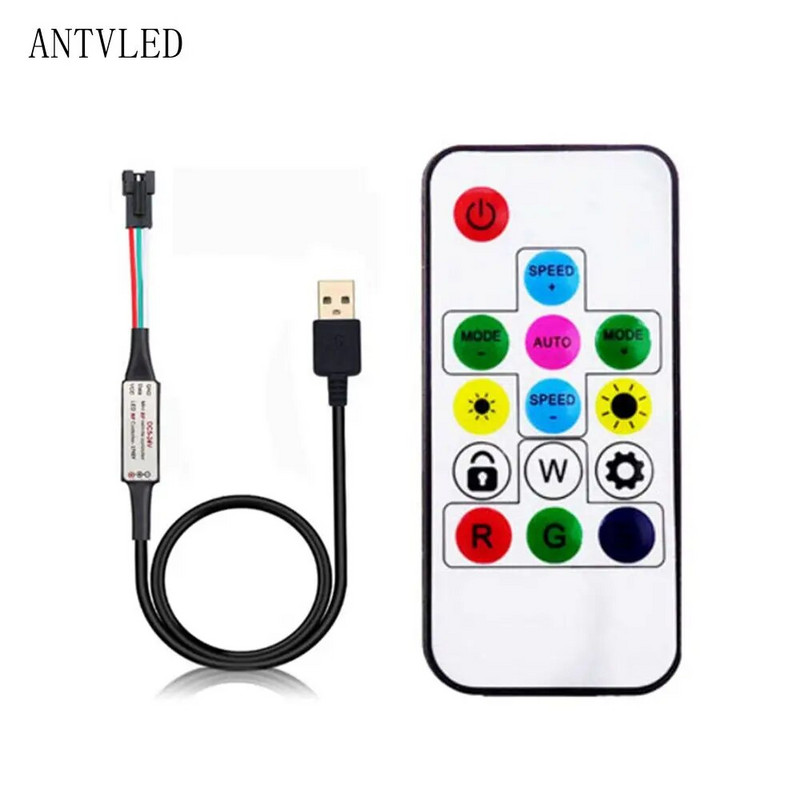 USB/DC MINI 3Keys RF 14/17/21Keys LED juostos nuotolinio valdymo pultelis, skirtas WS2811 WS2812B SK6812 Led Pixels Strip Light Controller, DC5-24