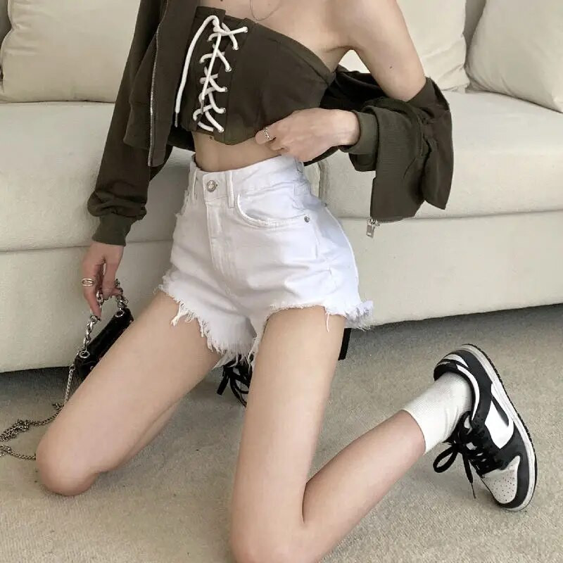 Džinsiniai šortai moteriški solidūs, paprasti, seksualūs gatvės drabužiai Kūrybiškumas Visiems tinkantys Puikūs pagrindai Vintažinis kasdienis korėjietiško stiliaus moteriškas pavasarinis jaukus