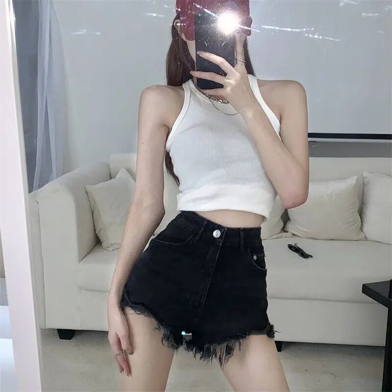 Džinsiniai šortai moteriški solidūs, paprasti, seksualūs gatvės drabužiai Kūrybiškumas Visiems tinkantys Puikūs pagrindai Vintažinis kasdienis korėjietiško stiliaus moteriškas pavasarinis jaukus