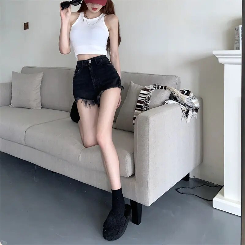 Džinsiniai šortai moteriški solidūs, paprasti, seksualūs gatvės drabužiai Kūrybiškumas Visiems tinkantys Puikūs pagrindai Vintažinis kasdienis korėjietiško stiliaus moteriškas pavasarinis jaukus